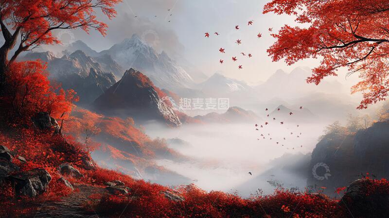 高清大图下载【趣麦麦图】红叶古风山水画10