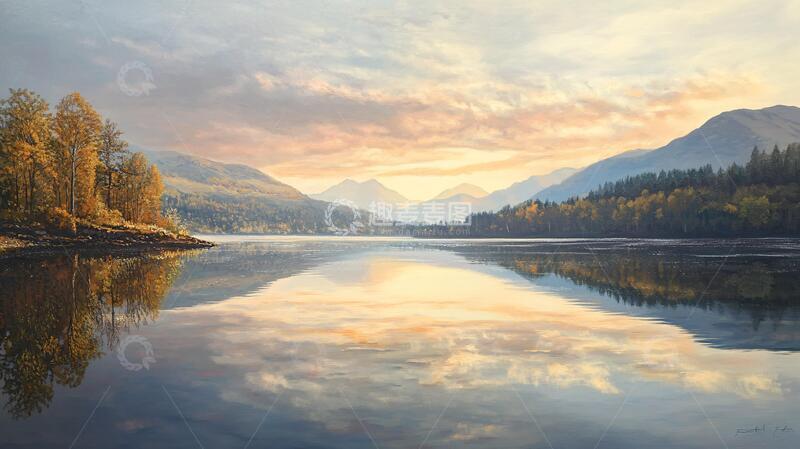 高清大图下载【趣麦麦图】湖山峦晨曦倒影晨曦风景