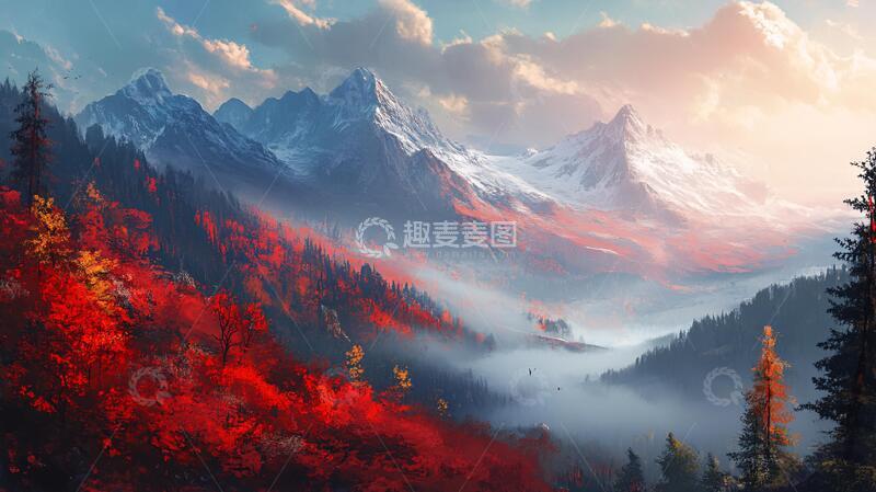 高清大图下载【趣麦麦图】红叶雪山图片素材下载