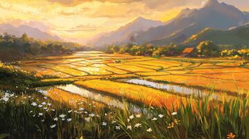 稻田鱼插画插画稻田乡村