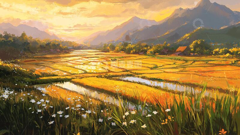 高清大图下载【趣麦麦图】稻田鱼插画插画稻田乡村