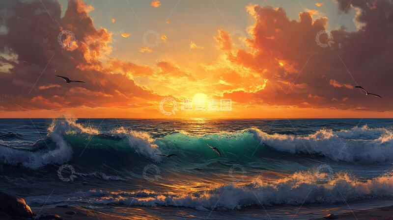 高清大图下载【趣麦麦图】海边落日插画52