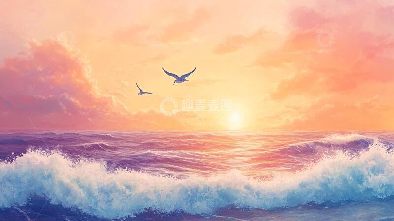 高清大图下载【趣麦麦图】海上落日插画8