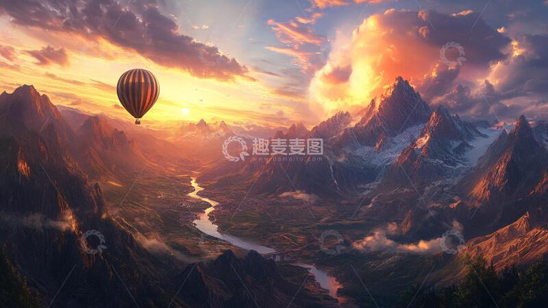 高清大图下载【趣麦麦图】-日出时分的山间飞行