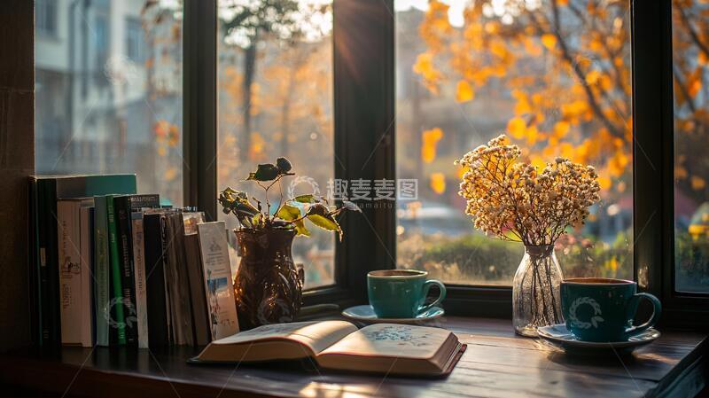 高清大图下载【趣麦麦图】窗前秋色书香书房窗台