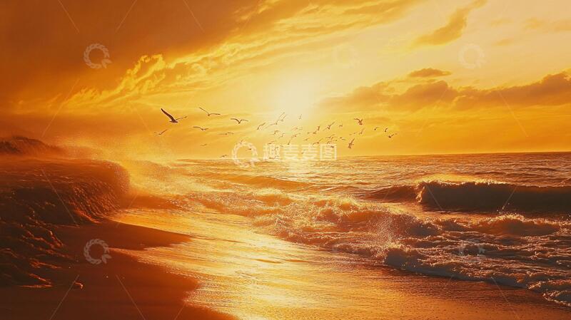 高清大图下载【趣麦麦图】日出海鸥油画4
