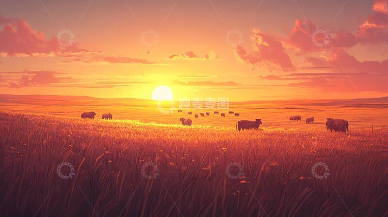 高清大图下载【趣麦麦图】夏季草原牧场落日
