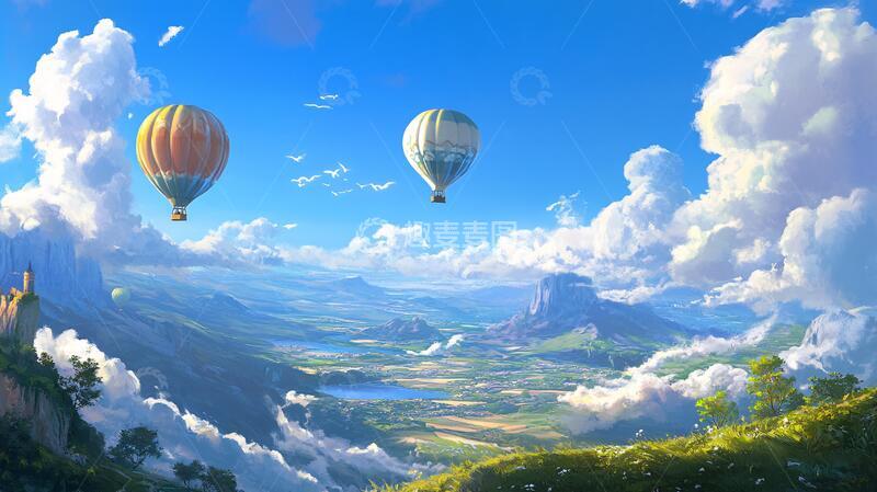 高清大图下载【趣麦麦图】热气球飞越蓝天白云