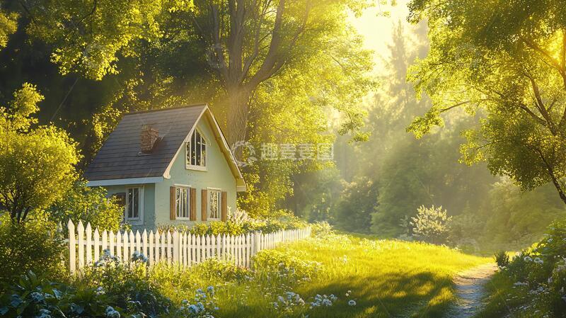 高清大图下载【趣麦麦图】树木树叶树下小木屋