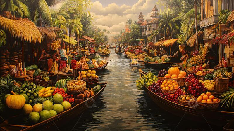 高清大图下载【趣麦麦图】东南亚油画插画集市印象
