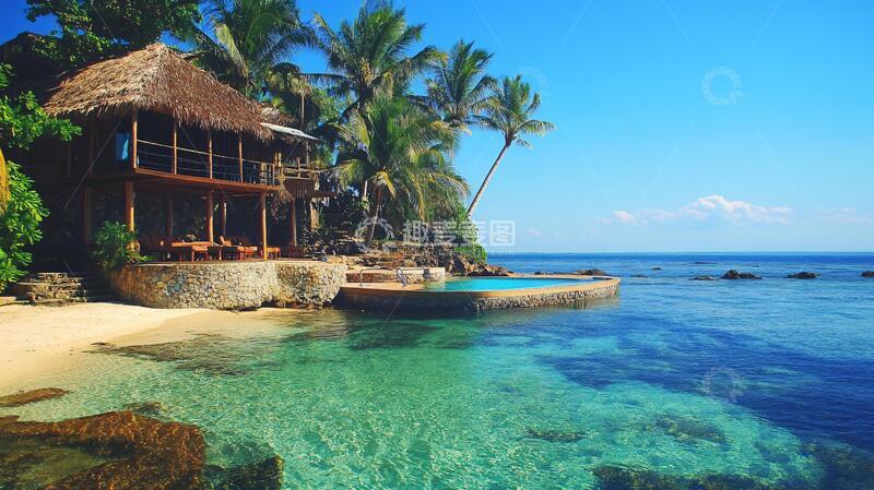 高清大图下载【趣麦麦图】海边茅草屋风情蜜月茅屋