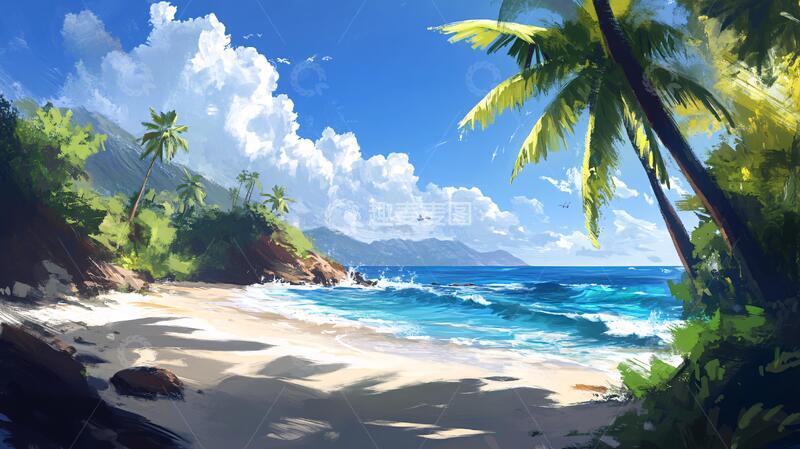 高清大图下载【趣麦麦图】海滩风景画海边插画风景