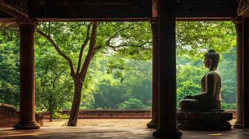 古寺佛像庭院绿树