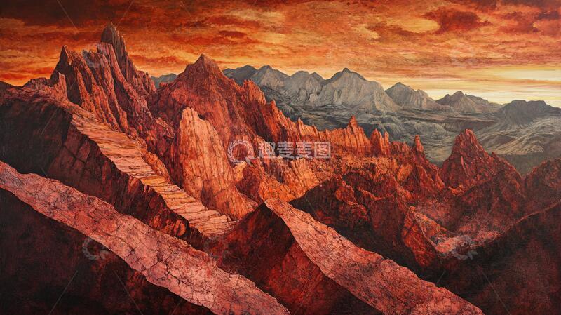 高清大图下载【趣麦麦图】-远山朝霞油画