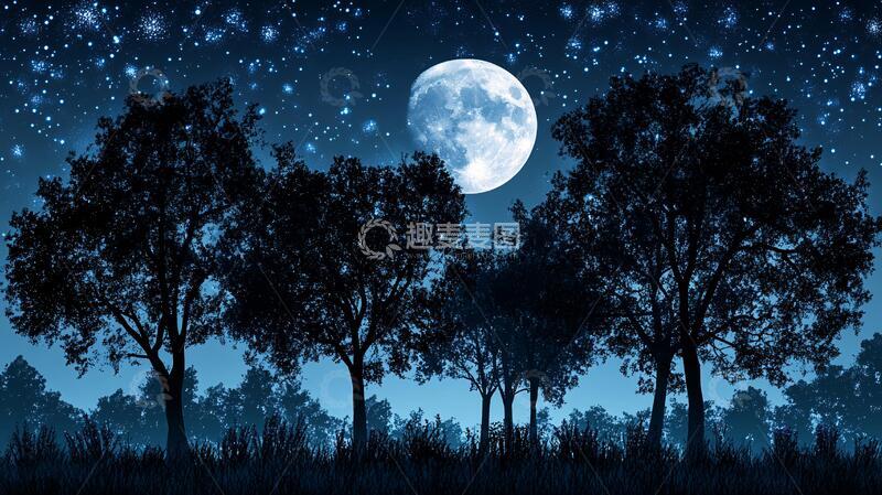 高清大图下载【趣麦麦图】月下树森林夜景树木