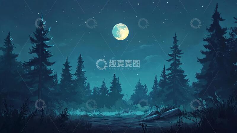 高清大图下载【趣麦麦图】夜色森林景森林插画夜色