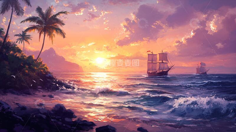 高清大图下载【趣麦麦图】唯美海岸风景插画27