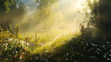 花丛晨光花丛森林林间