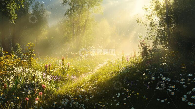 高清大图下载【趣麦麦图】花丛晨光花丛森林林间