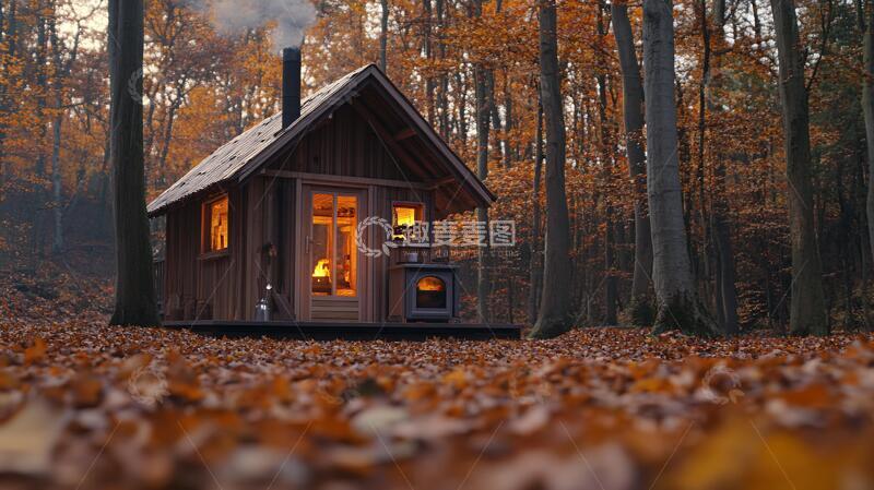 高清大图下载【趣麦麦图】秋季森林木屋别墅