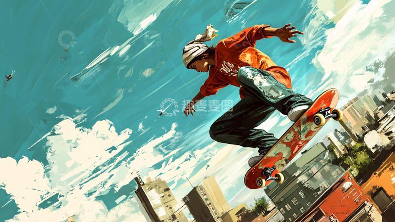 高清大图下载【趣麦麦图】滑板插画广告