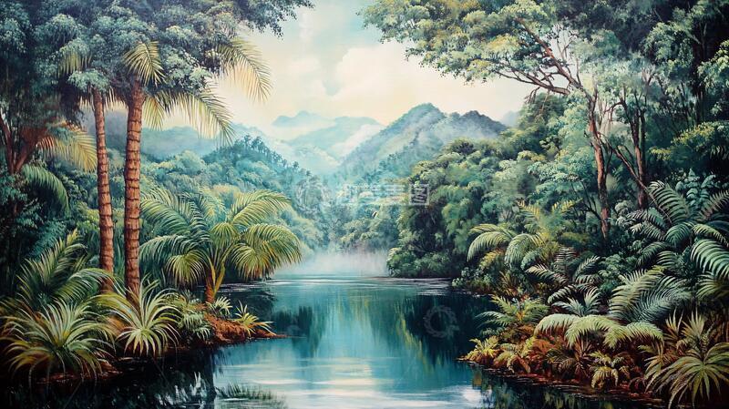 高清大图下载【趣麦麦图】丛林风景画油画壁画手绘