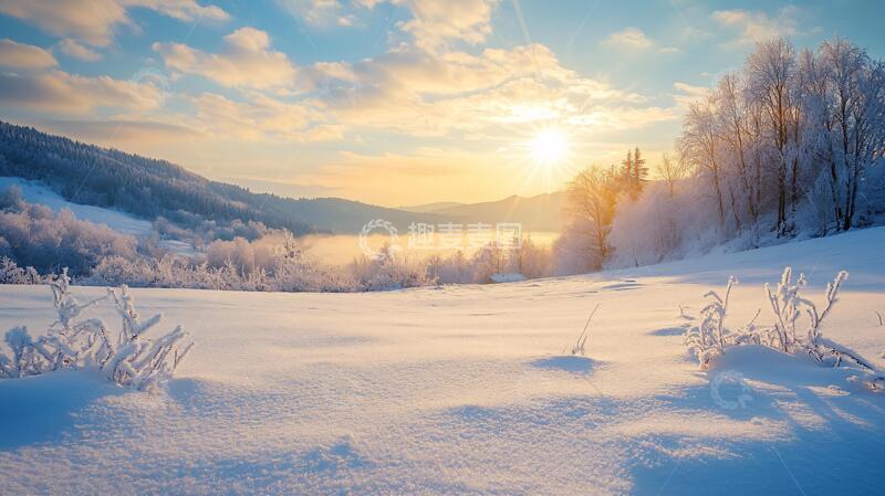 高清大图下载【趣麦麦图】冬季雪景日出阳光