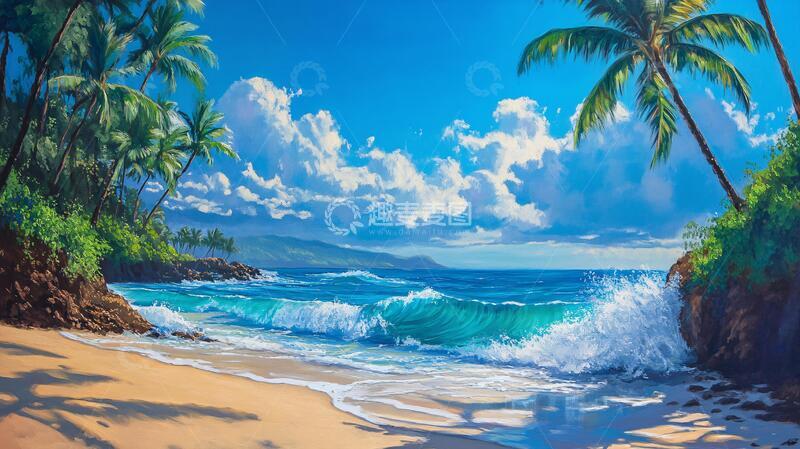 高清大图下载【趣麦麦图】夏威夷海滩油画1