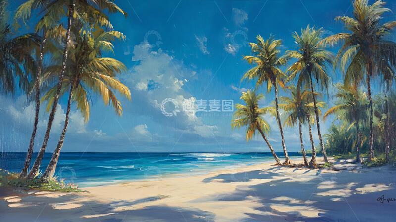 高清大图下载【趣麦麦图】海滩风景画手绘油画风光