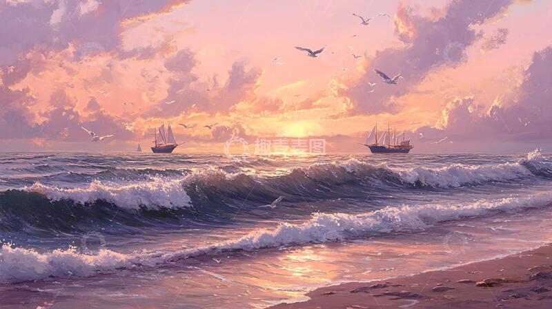 高清大图下载【趣麦麦图】海边落日插画50