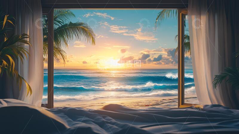 高清大图下载【趣麦麦图】海边落日插画49