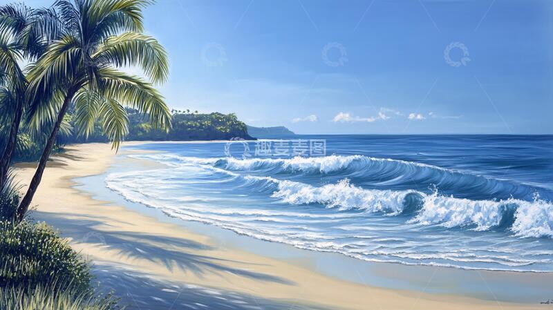 高清大图下载【趣麦麦图】海滩风景画海边海滨油画