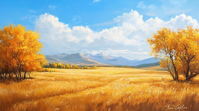 高清大图下载【趣麦麦图】风景厚涂草原油画秋景