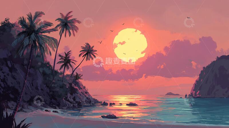 高清大图下载【趣麦麦图】海边落日插画48