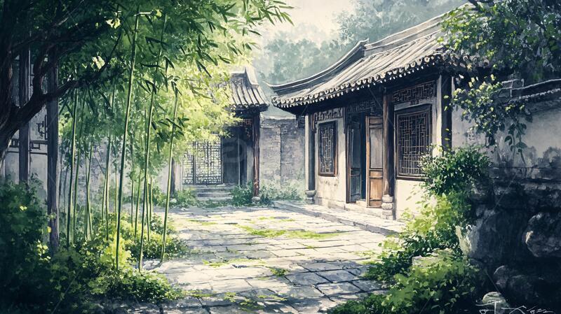高清大图下载【趣麦麦图】古风庭院插画