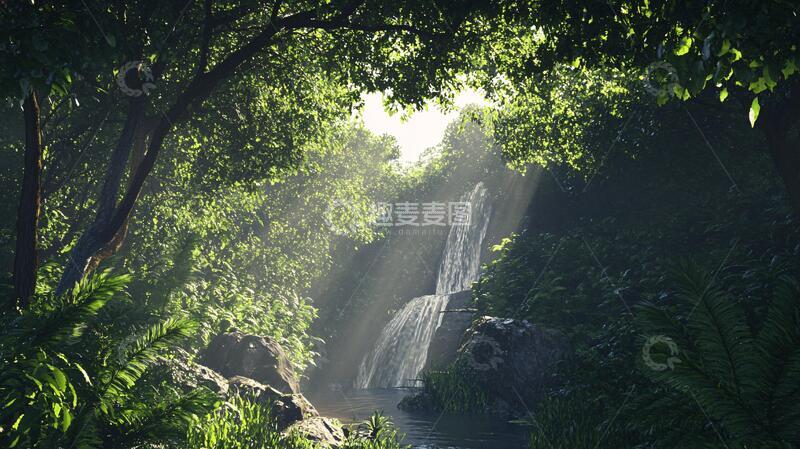 高清大图下载【趣麦麦图】绿树瀑布晨光