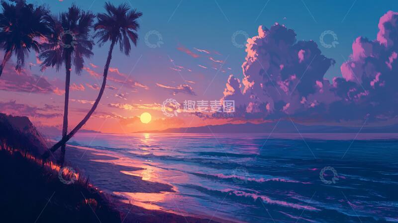 高清大图下载【趣麦麦图】海边落日插画47