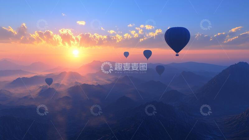 高清大图下载【趣麦麦图】热气球夕阳唯美夕阳云海