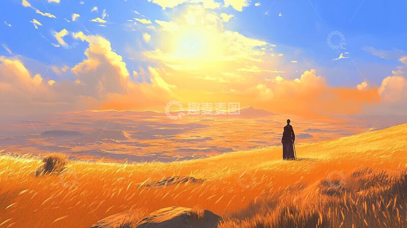 高清大图下载【趣麦麦图】看日出插画插画落日荒野