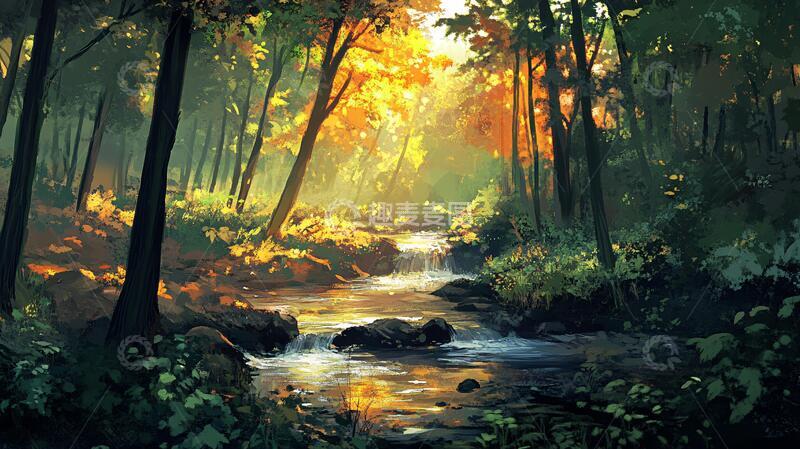 高清大图下载【趣麦麦图】风景厚涂插画森林场景