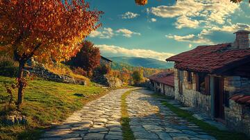 唯美石头路村庄秋景乡村