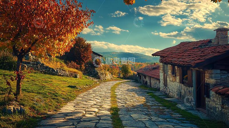 高清大图下载【趣麦麦图】唯美石头路村庄秋景乡村