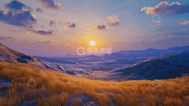高清大图下载【趣麦麦图】山地丘陵草场夕阳