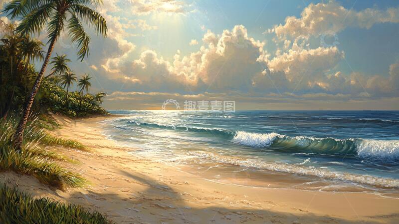 高清大图下载【趣麦麦图】海滩风景画手绘风光油画