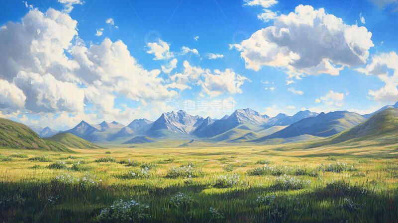 高清大图下载【趣麦麦图】蓝天白云山脉草地背景2