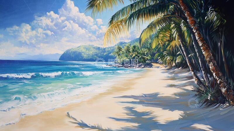 高清大图下载【趣麦麦图】海滩风景画插画油画手绘
