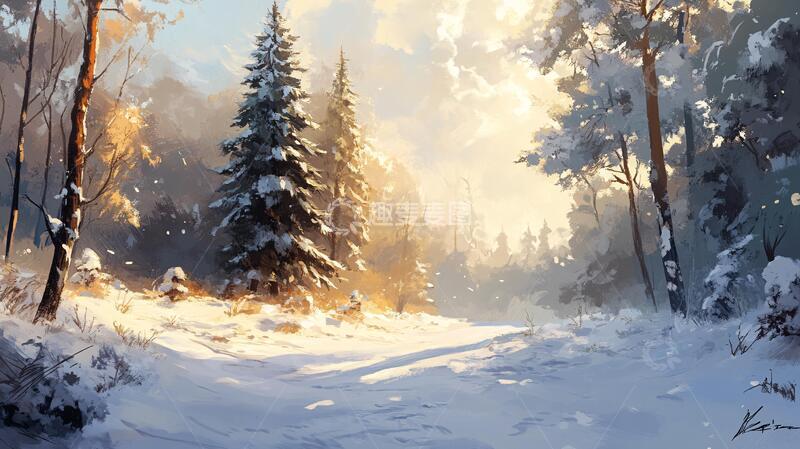 高清大图下载【趣麦麦图】冬天森林夕阳雪景9