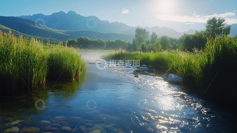 高清大图下载【趣麦麦图】小溪日出全景图1