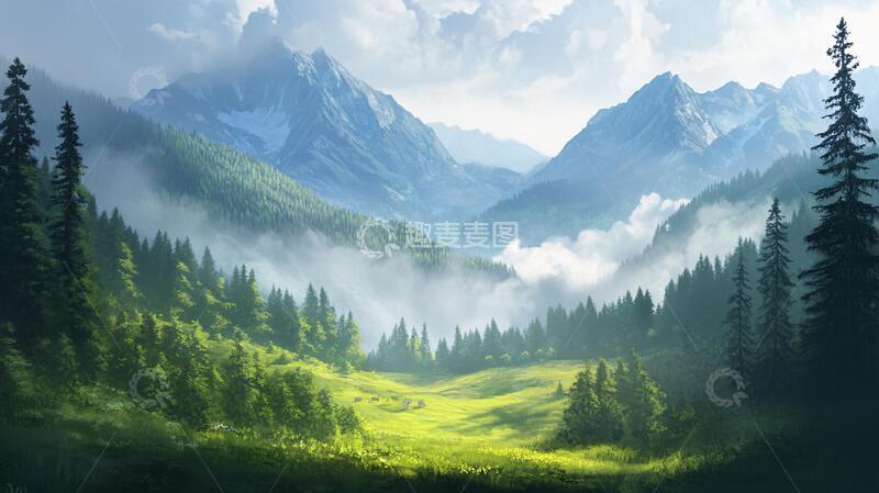 高清大图下载【趣麦麦图】宽屏风景画宽幅仙境手绘