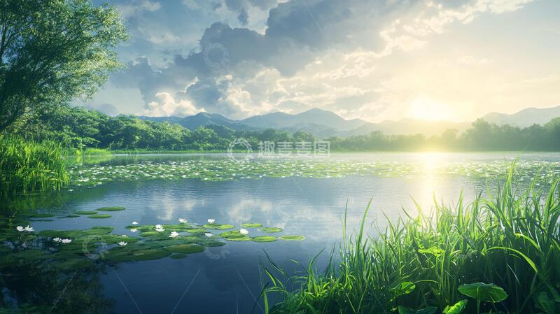 高清大图下载【趣麦麦图】池塘日出全景图3